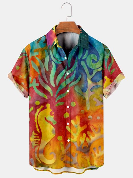 

Mens Retro Sea Life Print Casual Breathable Short Sleeve Hawaiian Shirts, Red, Men's Floral shirt