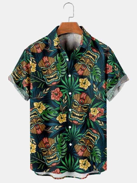 Mens Botanical Mask Print Casual Breathable Hawaiian Short Sleeve Shirt, Green, Men's Floral shirt