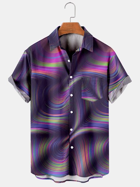 

Mens 3D Abstract Print Casual Breathable Chest Pocket Short Sleeve Hawaiian Shirts, Purple, Shirts ＆ Blouse