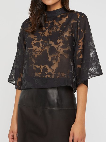 

Stand Collar Elegant Half sleeve Top, Black, Tops