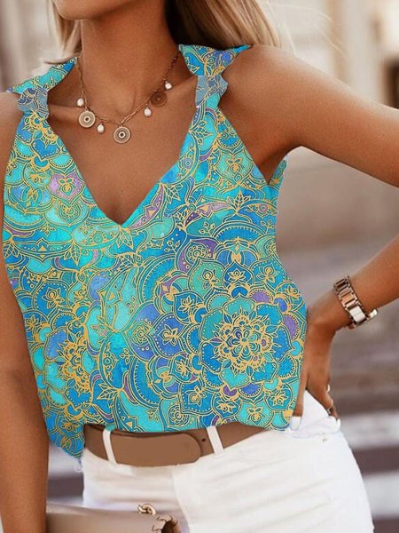 

Casual Sleeveless V Neck Plus Size Printed Tank Top Vests, Multicolor, Tank Top