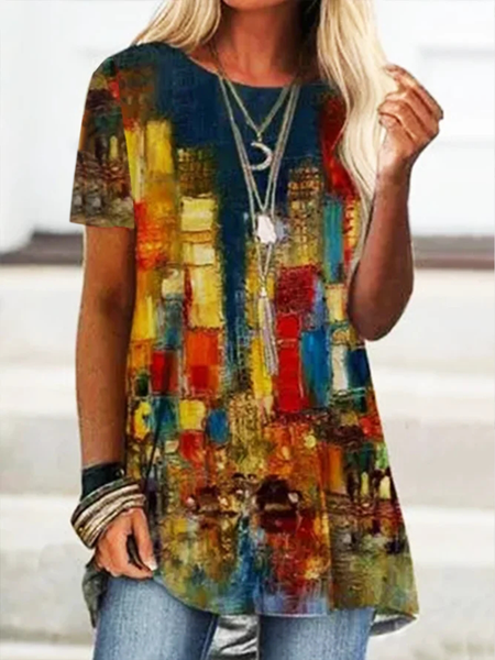 

Hippie-inspired color-block crew-neck short-sleeve top, Brown, T-Shirts
