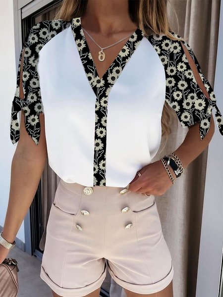 

V neck Casual Floral Short Sleeve Top, White, Tops
