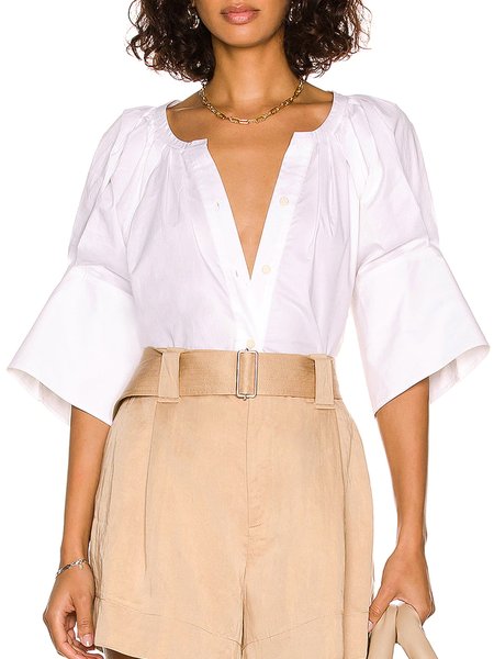 

Elegant Crew Neck Plain Mid Sleeve Blouse, White, Blouses and Shirts