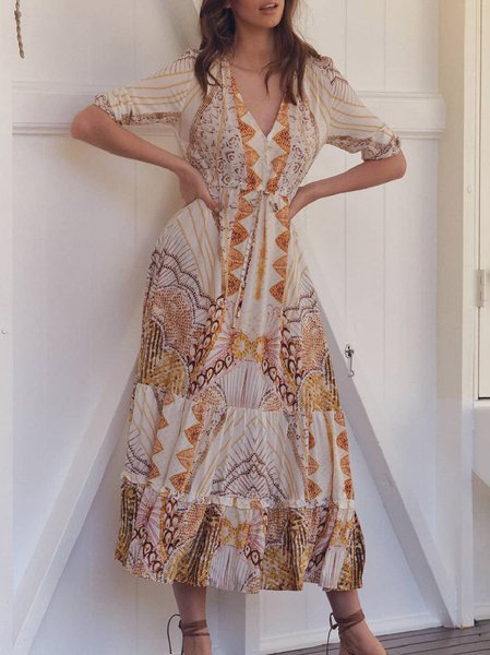 

Boho Cotton Short Sleeve Woven Dress, As picture, Dresses