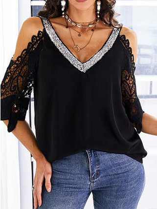 

V Neck Plain Short Sleeve Tops, Black, T-Shirts