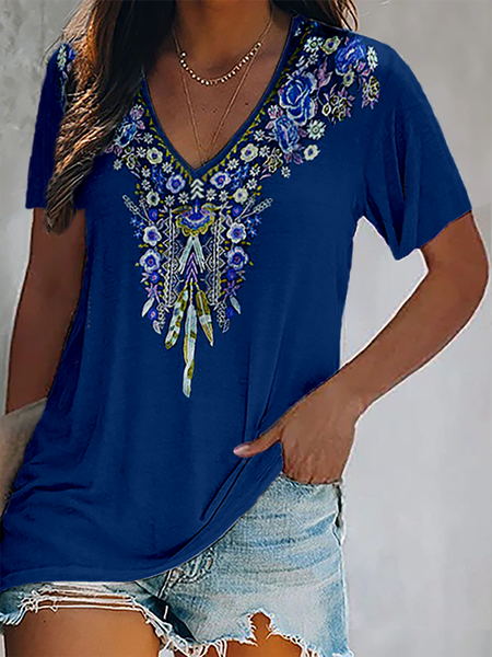 

Plus size Floral V Neck Casual Short Sleeve T-Shirt, Blue, T-Shirts