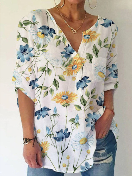 

Loosen Floral V Neck Long Sleeve Tops, White, Tunics