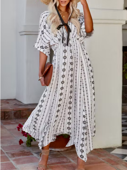 

Tribal V Neck Vacation Short Sleeve women Dress, White, Dresses
