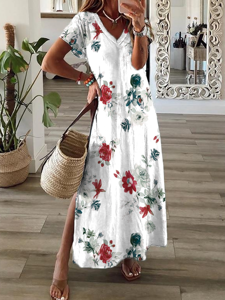 

Casual Floral V Neck Short Sleeve Knit Dress, White, Dresses