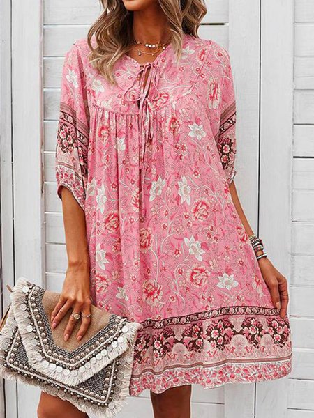 

Tribal Loosen Short Sleeve Woven Dress, Pink, Mini Dresses
