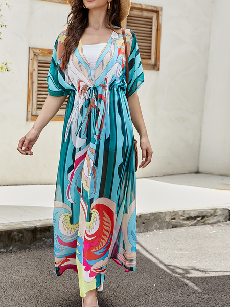 

vacation V Neck floral Loosen Short Sleeve women Dress, As picture, Dresses