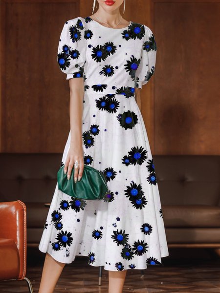 

Elegant Regular Fit Short Sleeve Woven Dress, Blue, Midi Dresses