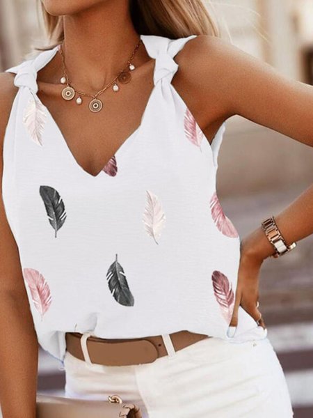 

Casual Feather Sleeveless V Neck Plus Size Printed Tank Top Vests, White, Tank Top
