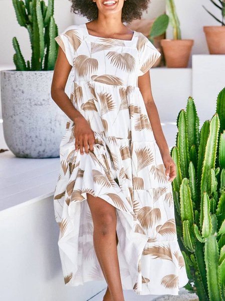 

Floral Short Sleeve Woven Dress, White, Maxi Dresses