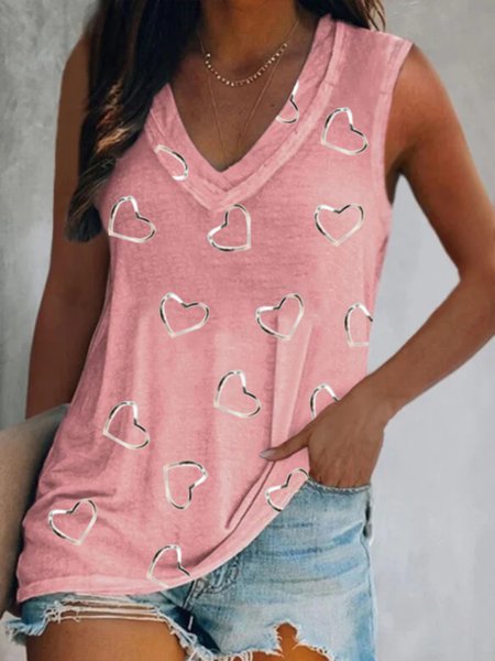 

Casual Heart Sleeveless V Neck Plus Size Printed Tank Top Vests, Pink, Tank Top