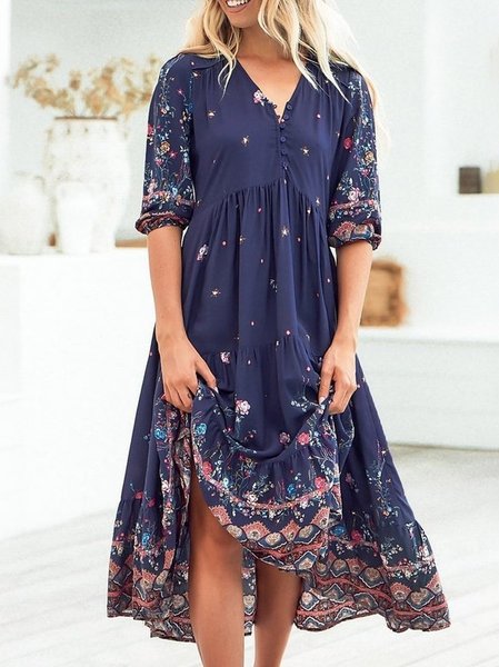 

Boho Floral Short Sleeve Woven Dress, Blue, Dresses