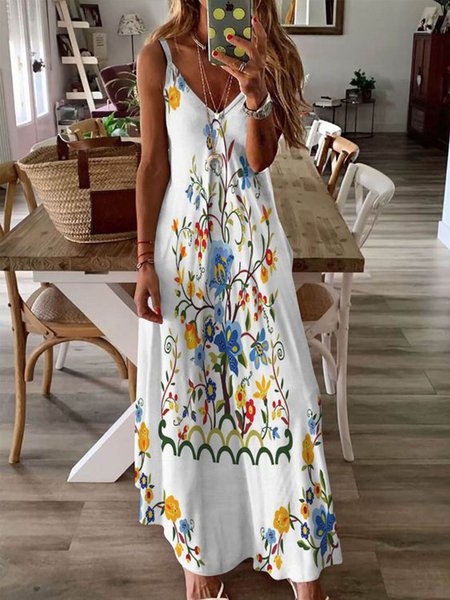 

V Neck Casual Short Sleeve Knit Dress, White, Maxi Dresses