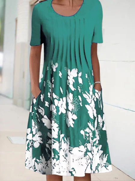 

Floral Crew Neck Vacation Casual Midi Dress, Green, Midi Dresses