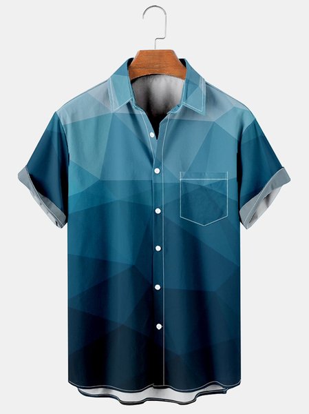 

Mens Geometric Ombre Print Chest Pocket Round Hem Loose Short Sleeve Shirts, Blue, Shirts ＆ Blouse
