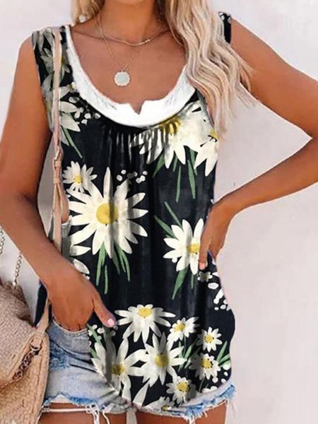 

Casual Floral Sleeveless Round Neck Plus Size Printed Tank Top Vests, Black, Tank Top
