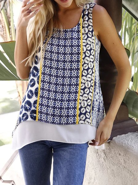

Crew Neck Geometric Loosen Woven Tank, Blue, Tanks & Camis