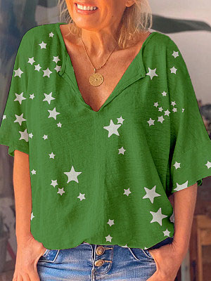 

Cotton Blends Star Casual Short Sleeve Tops, Green, T-Shirts