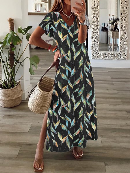 

Daily leisure beach vacation flower branches and leaves printing loose a-hem dress long Plus Size, Black, Dresses