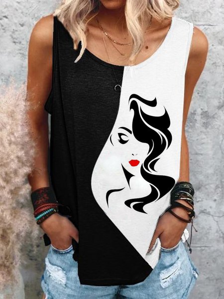 

Casual Figure Round Neck Loosen Sleeveless Tank, Black-white, Tank Top