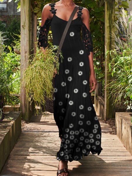 

Vacation Floral Lace Short Sleeve Off The Shoulder Dress, Black, Maxi Dresses