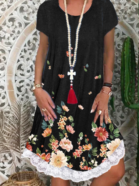 

Lace Floral Short Sleeve Plus Size Casual Woven Dress, Black, Mini Dresses