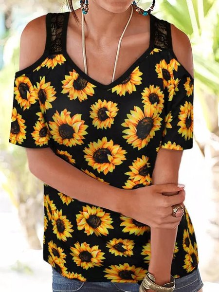 

Plants Casual V Neck Short Sleeve T-Shirt, Multicolor, T-Shirts