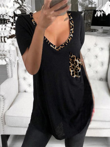 

Leopard V Neck Short Sleeve Casual T-Shirt, Black, T-Shirts