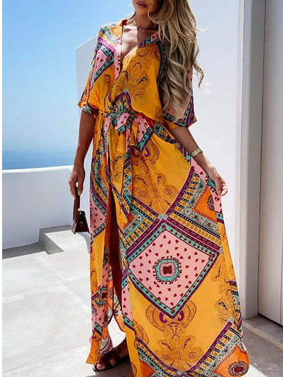 Loosen Tribal V Neck Short Sleeve women Dress, Yellow, Dresses