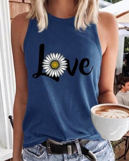 Casual Sunflower Sleeveless Round Neck Plus Size Printed Tank Tops Top Vests, Blue, Tank Top