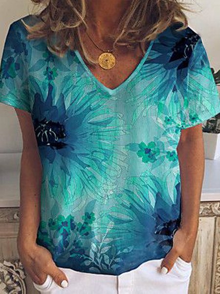 

Floral Casual Loosen V Neck Short Sleeve T-Shirt, Flower, T-Shirts