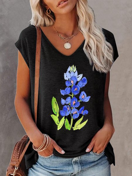 

Floral Casual V Neck Short Sleeve T-Shirt, Black, T-Shirts
