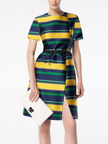 

Elegant Short Sleeve Striped Crew Neck Mini Dress, Multicolor, Mini Dresses