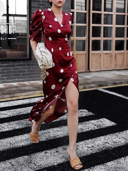 

V Neck Polka Dots Short Sleeve Woven Dress, Wine red, Midi Dresses