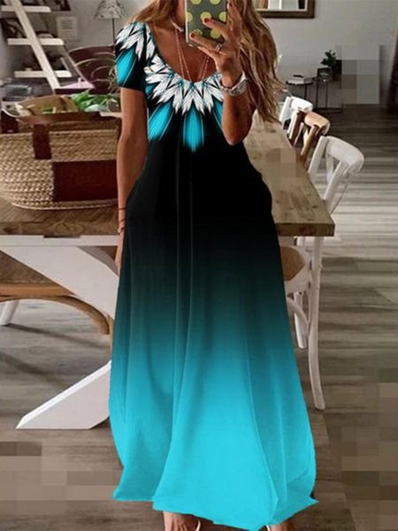 

Geometric Pattern Gradient Short Sleeves V Neck Plus Size Casual Dresses, Blue, Maxi Dresses