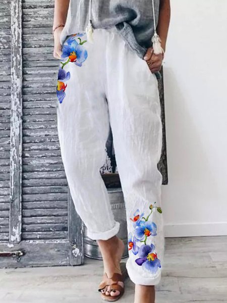 

Linen Floral Print Loosen Casual Pants, White, Pants