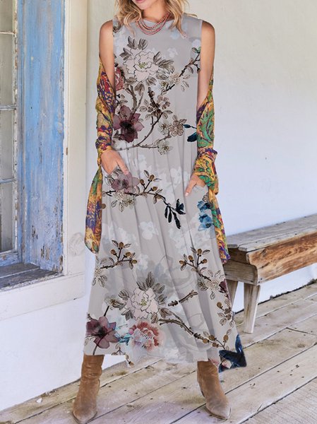 

Floral Casual Short Sleeve Knit Dress, Gray, Maxi Dresses