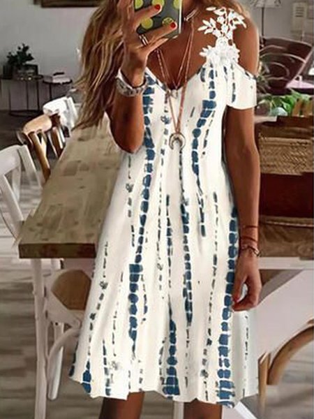 

V Neck Casual Short Sleeve Woven Dress, Blue, Mini Dresses