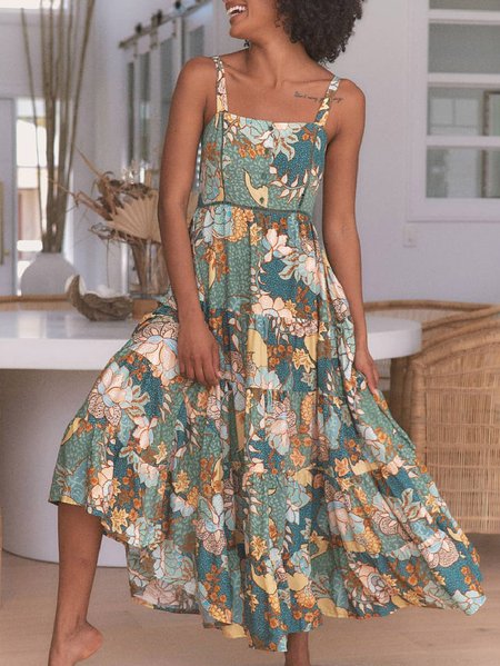 

Square Neck Cotton Short Sleeve Woven Dress, As picture, Dresses