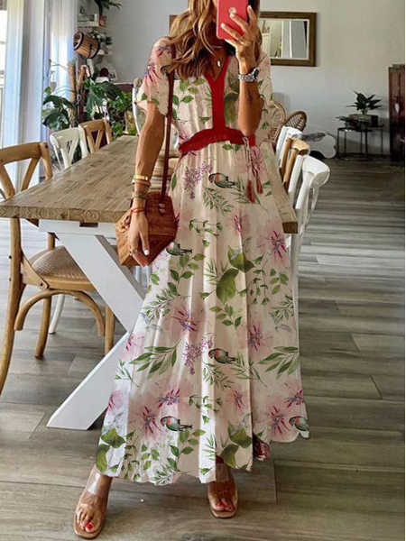 

Floral V Neck Vacation Short Sleeve Women Dress, Multicolor, Maxi Dresses