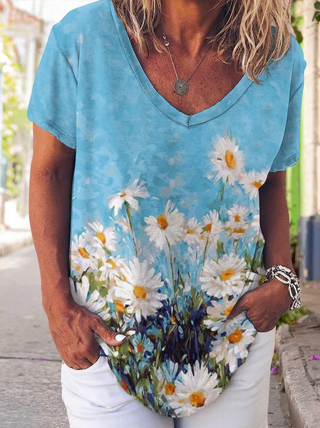 

Casual Simple Daisy Print V-Neck T-Shirt, As picture, T-shirts
