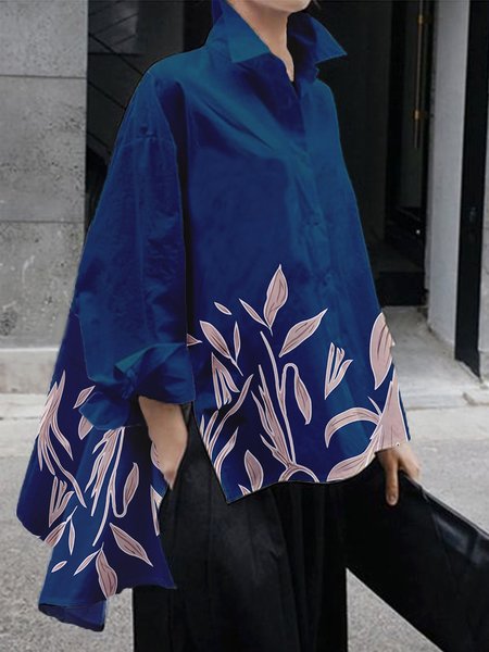 

Daily Shirt Collar Casual Floral Printed Top Blouse, Purplish blue, Tops