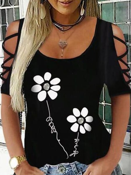 

Casual Floral Crew Neck Short Sleeve T-Shirt, Black, T-Shirts