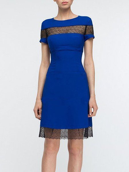 

Lace Short Sleeve Fitted Knit Dress, Blue, Mini Dresses