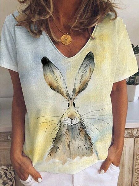 

Easter Bunny Print V Neck Short Sleeve Loosen T-Shirt, As picture, T-Shirts